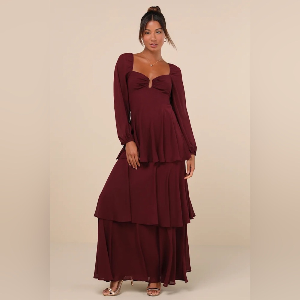 Lulus Tier to Enchant Burgundy Long Sleeve Tiered Maxi Dress